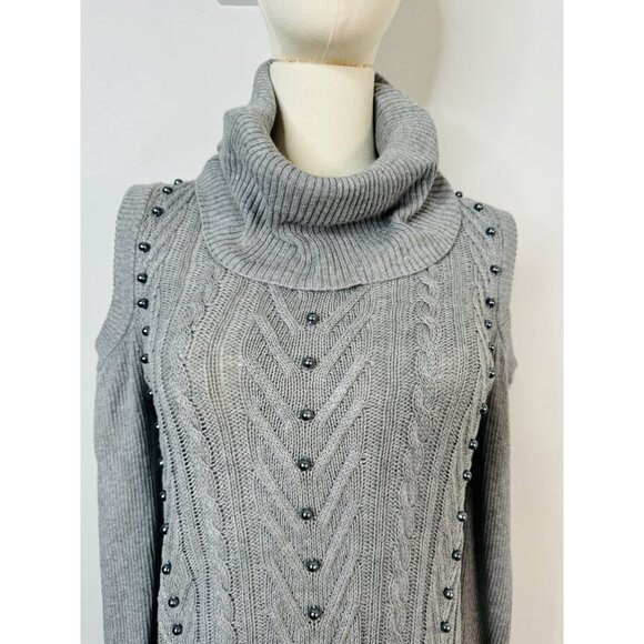 NWOT Bellini Gray L Cold Shoulder Knit Tunic Sweater Dress Turtleneck - Picture 3 of 14